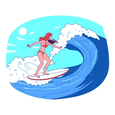 A female surfer with long flowing hair is skillfully riding a large, powerful wave. The wave is cresting high, with droplets of water splashing around her. She is wearing a bright swimsuit that contrasts with the wave's colors. In the background, the sky is clear and blue, and the sun is shining brightly. The scene captures the motion and excitement of the surfer as she navigates the water.