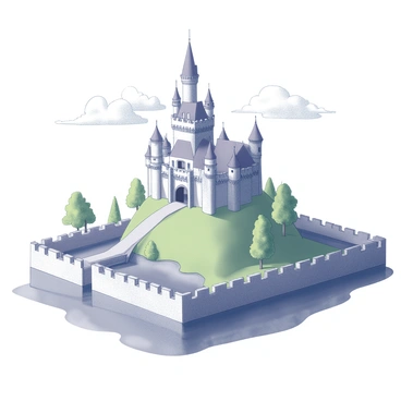 A large and intricate castle perched on a lush green hill. The castle features tall spires that extend upward, with detailed stonework adorning its walls. Surrounding the castle is a wide, reflective moat, adding an element of grandeur to the scene. The water in the moat appears still, with gentle ripples suggesting a light breeze. The hill is dotted with trees and a pathway leading up to the castle's entrance, inviting exploration. In the distance, fluffy clouds float above, completing this enchanting landscape.