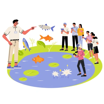 A teacher stands by a pond, pointing at various fish species swimming in the clear blue water. The teacher is wearing glasses and khaki pants, and has a friendly smile. Around the pond, several students, diverse in appearance, are gathered, eagerly observing the fish. Some students are taking notes, while others are leaning closer to the water. The fish include a vibrant orange goldfish, a sleek silver trout, and a colorful bluegill with yellow stripes. Lily pads float on the surface, accompanied by delicate white water lilies blooming nearby. Sunlight filters through the trees, casting dappled shadows on the ground.