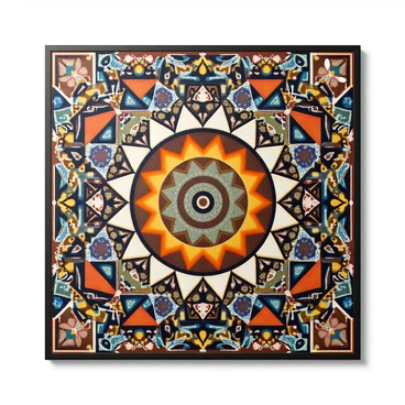 A large canvas featuring a multitude of patterns and designs inspired by various cultural art forms from around the world. The artwork includes intricate geometric patterns reminiscent of Islamic art, vibrant colors and motifs characteristic of African textiles, delicate cherry blossom designs found in Japanese art, and bold shapes and lines inspired by Native American art. In the center, there is a large mandala that incorporates symbols from different cultures, surrounded by a rich tapestry of colors blending seamlessly into one another. The composition is harmonious, celebrating the diversity and beauty of global artistic traditions.