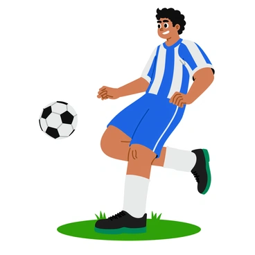 A soccer player resembling "Maradona" is captured in a dynamic pose, executing a powerful kick. His foot is making contact with a black and white soccer ball, which is frozen in mid-air, suspended just above the ground. The player is wearing a blue and white striped jersey, with his shorts matching in color, and he has curly dark hair. The scene conveys a sense of movement and energy, with grass visible beneath him and a blurred background suggesting a soccer field filled with cheering fans.