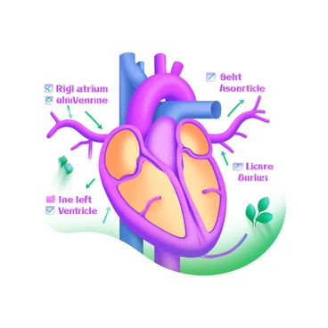 A detailed illustration of the human heart is prominently displayed at the center of the image. The heart is shown in vibrant colors, highlighting its four chambers: the right atrium, right ventricle, left atrium, and left ventricle. Each chamber is labeled clearly with "Right Atrium," "Right Ventricle," "Left Atrium," and "Left Ventricle" in bold, easy-to-read font. Arrows indicate the flow of blood, visually representing the path from the body to the right atrium, through the right ventricle, to the lungs, and returning to the left atrium and left ventricle. Surrounding the heart are labeled blood vessels, including the aorta, pulmonary arteries, and veins, enhancing the educational aspect of the illustration.