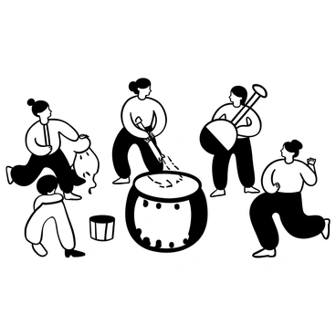A group of musicians performing traditional Korean samulnori, with each player positioned around a large drum at the center. One performer strikes a drum vigorously with a mallet, while another plays a gourd-like instrument, creating rhythmic patterns. The musicians are wearing traditional attire, with flowing garments that move energetically with their movements. Additional instruments, such as a jing and a buk, are present, adding to the lively atmosphere. The scene captures the dynamic movements of the performers, conveying a sense of rhythm and celebration.