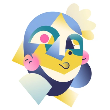 A cubist-inspired face with fragmented shapes and varied perspectives