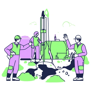 A group of fracking workers in protective gear is gathered around a piece of drilling equipment at a drilling site. Each worker is wearing a hard hat, safety goggles, and gloves. One worker on the left is pointing to a gauge on the equipment, while another worker on the right is writing notes on a clipboard. In the background, there are large tanks and pipes, along with mud and gravel scattered around the site. The sky above is clear, and sunlight casts shadows on the ground.