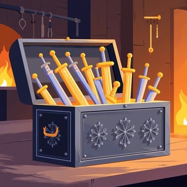 A sturdy iron chest with intricate engravings is positioned in a medieval blacksmith's forge. The chest is slightly ajar, revealing an array of shining swords with glowing edges and pieces of armor glimmering in the ambient light. The forge is filled with tools hanging on the walls, and a roaring fire can be seen in the background, casting flickering shadows across the scene. The air is thick with the scent of metal and smoke, enhancing the authentic atmosphere of the blacksmith's workshop.