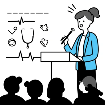 A woman standing at a podium, speaking into a microphone at a healthcare conference. She is wearing a blue blazer and a white blouse, with her hair in a bun. Behind her, there are various medical symbols, including a stethoscope, a caduceus, and a heartbeat line, arranged in a simple, minimalistic pattern. The audience can be seen in silhouette, attentively listening to her presentation.