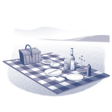 A grassy field is the setting for a rustic picnic. In the center, a checkered blanket is spread out, invitingly arranged. A wicker basket sits on one side of the blanket, partially open, revealing its contents. Nearby, various picnic items such as plates, cutlery, and a bottle are neatly placed on the blanket. In the background, gentle hills can be seen, adding to the serene atmosphere of the scene. A few wildflowers dot the grassy area, enhancing the natural setting.
