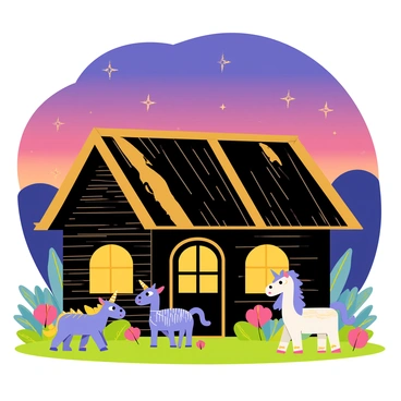 A large, rustic hut made of dark wood with a thatched roof stands prominently in the foreground. The hut has warm, glowing windows that suggest a welcoming interior. Surrounding the hut are various magical creatures, including a fluffy three-headed dog, a small dragon with shiny scales, and a unicorn with a shimmering mane. The sky above transitions into twilight, featuring deep purples and oranges with scattered twinkling stars. Lush greenery and colorful flowers surround the hut, adding to the enchanting atmosphere.