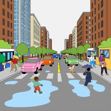 A busy city street with puddles glistening after a fresh rain