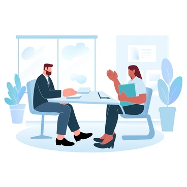 An interviewer is sitting at a sleek, modern office table, dressed in a professional outfit. The interviewer has a notepad and a pen in front of them, looking attentive. Across from them, a candidate, also in professional attire, is seated with a confident posture, holding a portfolio on their lap. The office has large windows that let in natural light, illuminating the space. A potted plant is visible in the corner, adding a touch of greenery to the environment. The walls are decorated with abstract art, contributing to the contemporary feel of the office.