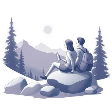 A couple sitting on a large rock during a break from hiking. The man has a backpack resting beside him, and both are gazing at the scenic view of the mountains. There are trees and shrubs in the background, framing the couple. The woman is holding a water bottle, while they both appear relaxed. The sun is high in the sky, casting shadows on the ground, and a distant peak is visible beyond the tree line.