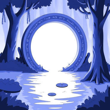 A glowing portal is emerging from the surface of misty waters in an enchanted swamp. The portal has intricate designs etched around its circular frame, radiating light that pierces through the dense fog. Surrounding the portal, the water reflects the soft illumination, creating ripples that distort the view. Tall, slender trees with twisted trunks rise around the swamp, their branches adorned with hanging moss. A few lily pads float near the portal's base, and the atmosphere is thick with an air of mystery.