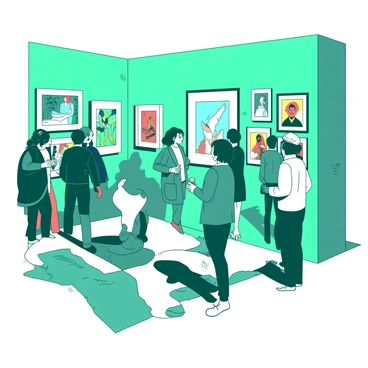 A teal gallery space is filled with guests mingling and engaging in conversation. The walls showcase a variety of framed artworks by "Illustration Ltd," featuring colorful and detailed illustrations. Some guests are holding drinks while others are admiring the art displayed on the walls. A few guests are gathered around a large white sculpture placed in the center of the room, adding to the vibrant atmosphere of the reception. Elegant lighting illuminates the scene, highlighting both the artworks and the guests, creating an inviting ambiance.