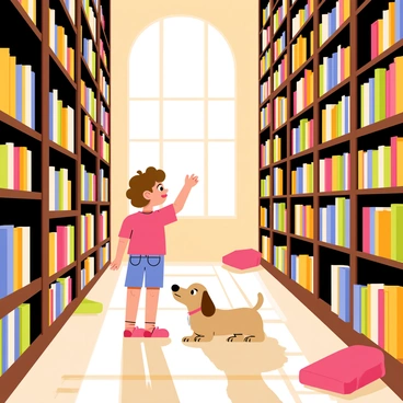 A child with curly brown hair wearing a bright red shirt is exploring a giant library filled with towering bookcases that stretch up endlessly towards the ceiling. The bookcases are made of dark wood and are filled with colorful books of various sizes and shapes. The floor is covered with a patterned carpet, and there are scattered cushions for reading. Sunlight streams through large arched windows, casting warm light across the room. The child is reaching up towards a high shelf, looking excited and curious. A small, friendly dog sits beside the child, looking up at the bookcases too.