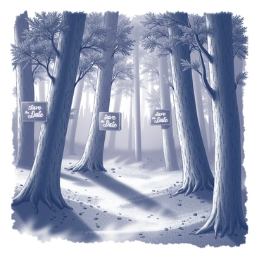 A dense forest filled with tall trees that have intricate bark textures. The foliage is thick, with leaves densely packed, creating a natural canopy. Among the trees, certain trunks are adorned with glowing signs that read “Save the Date” in elegant script. The light emanating from the signs casts soft shadows on the forest floor, which is scattered with fallen leaves and small, delicate plants. A faint mist hovers close to the ground, adding to the mysterious atmosphere of the scene. The overall composition creates a sense of wonder and anticipation.