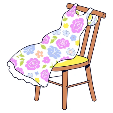 A vintage-inspired dress with a classic floral print, resting on a wooden chair in a quaint room.