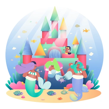 An underwater kingdom is depicted with vibrant coral castles constructed in various shapes and sizes. The castles are adorned with intricate coral formations and surrounded by an array of colorful sea life. Schools of small fish with bright, iridescent scales swim gracefully around the structures. In the foreground, a group of merfolk with flowing hair and tails in shades of blue, green, and purple are interacting with one another. Some are playing with curious sea turtles, while others are observing an octopus peeking out from behind a coral formation. Sunlight filters down through the water, creating shimmering patterns on the sandy ocean floor.