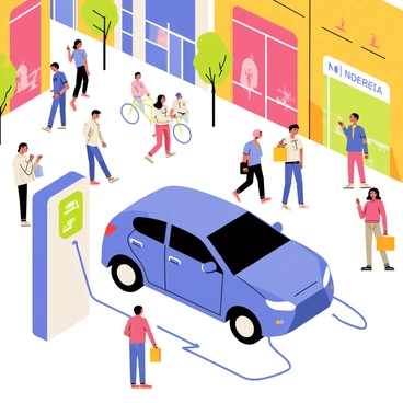 A small electric car with a sleek design is parked at a charging station in a busy city square. The car is painted in a vibrant blue color and has modern features like LED headlights. Surrounding the car are various people walking, some holding shopping bags and others looking at their phones. Nearby, colorful storefronts display large windows showcasing merchandise. A few trees are strategically placed around the square, providing small patches of shade. The scene is lively, with a mixture of pedestrians and cyclists navigating through the area. A digital charging display on the station shows a green light, indicating that the car is actively charging.