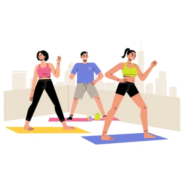Three friends exercising together on a rooftop, each performing glute bridges. The first friend, a woman with curly hair, is wearing a pink tank top and black leggings. The second friend, a man with short hair, is in a blue t-shirt and grey shorts. The third friend, a woman with long hair tied in a ponytail, is dressed in a green sports bra and black shorts. In the background, the city skyline is visible with buildings and a clear sky. Each friend has a focused expression, and colorful exercise mats are placed under them.