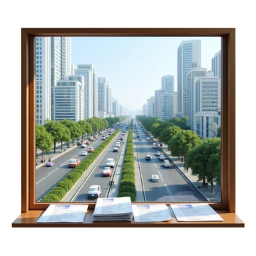 A large window offering a clear view of a bustling cityscape filled with tall skyscrapers and busy streets below. The scene shows cars and pedestrians moving through the city, creating a vibrant atmosphere. The window frame is made of wood, and it is adorned with stacks of CPF paperwork neatly arranged on the sill. The papers have printed text and official-looking headings, subtly contrasting with the lively exterior view. Natural light pours in through the window, illuminating the paperwork and enhancing the dynamic city view.