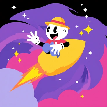 A cartoon-style illustration of "Cuphead" with his signature straw hat and white gloves, riding a colorful comet as it streaks across a vibrant galaxy. The galaxy is filled with swirling shades of purple, blue, and pink, creating a dynamic backdrop. Bright yellow and white shooting stars are scattered throughout the scene, adding a sense of motion and excitement. The comet has a fiery tail that contrasts with the deep cosmic colors, and Cuphead has a joyful expression as he rides the comet through the stellar landscape.