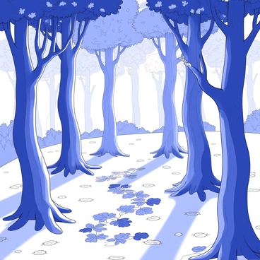 A mystical forest filled with tall trees. The trunks of the trees have twisting branches that extend outwards, creating a dense canopy above. Leaves sprout from the branches, shaped as intricate fractals, forming complex patterns that catch the eye. The ground is covered with a layer of fallen leaves that mirror the fractal design above. Sunlight filters through the leaves, casting dappled shadows on the forest floor. In the background, there are glimpses of more trees, creating a sense of depth and continuity within the forest.