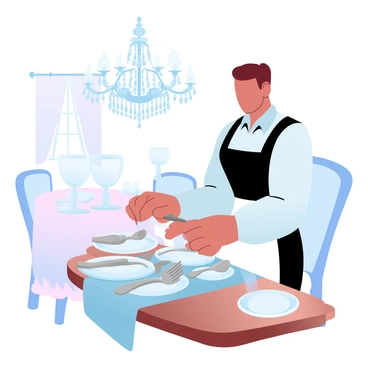 A servant is polishing a set of silverware, meticulously working to achieve a shining finish. The silverware is elegantly arranged on a polished wooden table, reflecting the light beautifully. In the background, a dining room is adorned with soft pastel colors, featuring a large chandelier hanging overhead, casting a gentle glow. An ornate tablecloth is spread beneath the silverware, enhancing the luxurious ambiance. Delicate china plates and crystal glasses are visible, complementing the overall setting. The servant is dressed in a classic uniform, focused on the task at hand.