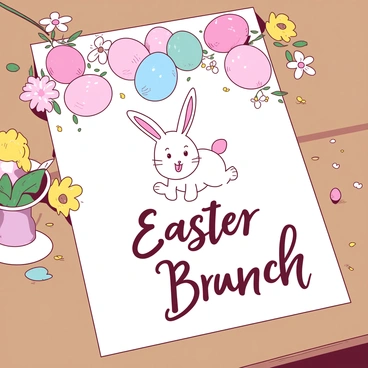 A white invitation card is laid out on a wooden table, featuring intricate designs of "pastel eggs" scattered across the top. Each egg showcases delicate patterns in various colors, including soft pink and light blue. In the center of the card, a cheerful "hopping bunny" is illustrated, with its long ears perked up and a joyful expression. Surrounding the bunny, there are small flowers in white and yellow, adding a touch of spring to the scene. The text on the invitation reads "Easter Brunch" in elegant script, inviting guests to celebrate the occasion.