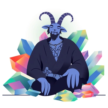 A detailed figure of Baphomet sits majestically in the center of the image. The figure has goat-like features, including curved horns and a beard, with a human-like body adorned in intricate robes. Surrounding Baphomet are large, glowing crystals in various colors, including deep blue, vibrant green, fiery red, and soft purple. The crystals emit a gentle light, casting colorful reflections on Baphomet and the ground. The environment is dark, highlighting the luminescence of the crystals and creating a striking contrast with Baphomet's dark form.