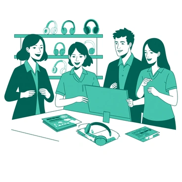 A teal customer service team is standing together behind a white desk. Each team member is wearing matching teal uniforms and is smiling warmly. They are holding various types of headphones in their hands, showcasing different designs. The desk is adorned with colorful brochures about their services. In the background, there are shelves filled with more headphones, creating a vibrant and inviting atmosphere.