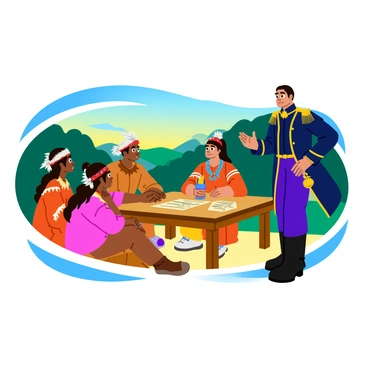 A scene depicting "Mier y Teran" engaged in a peaceful discussion with "Native American leaders." Mier y Teran is dressed in 19th-century military attire, featuring a dark blue coat with gold embellishments. The Native American leaders are dressed in traditional clothing, showcasing intricate beadwork and feathers in their headdresses. They are gathered around a wooden table set with maps and documents. The backdrop includes lush greenery, indicating a serene outdoor setting, with sunlight filtering through the leaves. The expressions on their faces are calm and respectful, emphasizing the peaceful nature of the exchange.