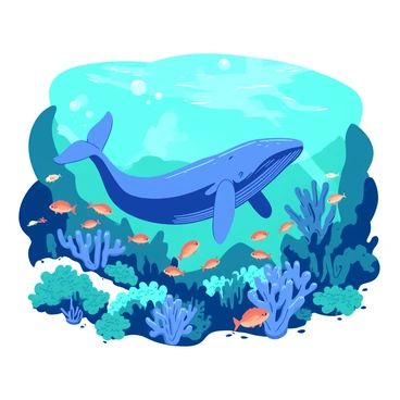 A blue whale gracefully swims through the ocean depths, surrounded by colorful coral reefs. Schools of vibrant orange and teal fish dart playfully among the coral formations. The scene is filled with various types of corals in shades of teal and white, providing a rich habitat for the marine life. Bubbles rise towards the surface, creating a lively underwater atmosphere, while beams of light filter through the water, illuminating the diverse ecosystem.