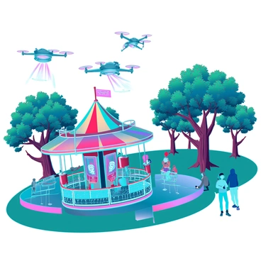 A vibrant futuristic park featuring retro-inspired playground equipment, such as a classic merry-go-round with neon accents and bold colors, and vintage-style swings suspended above the ground. The playground equipment is surrounded by lush, holographic trees that emit soft glowing lights. Hovering drones zip through the air, capturing the excitement of children playing and providing aerial views of the park. In the background, sleek pathways wind through the greenery, showing visitors enjoying the sunny day.