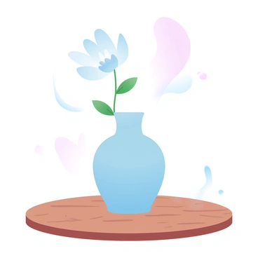 A single elegant vase is placed in the center of a wooden table. Inside the vase, a blooming flower with delicate petals is prominently displayed. The wooden table has a smooth surface with visible grain patterns, enhancing its natural look. Soft gradient pastel colors surround the scene, adding a subtle backdrop that emphasizes the simplicity and beauty of the arrangement.