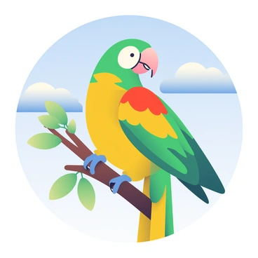 A vibrant parrot with bright green, yellow, and red feathers is perched confidently on a sturdy brown branch. The parrot's head is turned slightly, displaying its sharp beak and expressive eyes. Behind it, the sky is a clear blue with a few fluffy white clouds scattered across. The sunlight casts a warm glow on the parrot, highlighting the intricate patterns of its feathers. The branch is surrounded by lush green leaves, adding to the vividness of the scene.