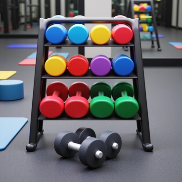 A gym weights rack holding an assortment of dumbbells in various colors and sizes. The rack is organized with lighter weights on top and heavier weights on the bottom. A pair of medium-weight dumbbells is placed at the front, ready for use. The area is well-lit, highlighting the shiny surfaces of the weights. The floor beneath the rack is a sturdy rubber mat, designed for heavy workouts. In the background, there are exercise mats and a mirrored wall reflecting the weights rack.