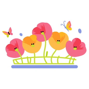 A crown composed entirely of vibrant red and orange poppy flowers arranged in a circular pattern. Each flower has delicate petals with a soft texture, and the green stems intertwine to form the base of the crown. The crown rests on a light blue background, accentuating the bright colors of the flowers. Small butterflies with multicolored wings flutter around the crown, adding a playful touch to the scene.