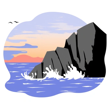 A dramatic rocky coastline with steep cliffs jutting into the ocean. The rocks are dark gray and jagged, contrasting with the bright blue water. Waves crash violently against the rocks, sending up white sprays of foam. The sky is a mix of deep blues and soft oranges, suggesting either dawn or dusk, with wispy clouds scattered throughout. Seagulls can be seen flying above, adding to the sense of movement and drama in the scene.