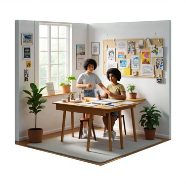 An artist's workspace filled with creative energy. The room has a large wooden table covered with paintbrushes, tubes of paint, and a sketchbook. On the walls, various posters featuring colorful abstract designs and famous art pieces are hung. There's a bulletin board cluttered with personal memorabilia such as photos, travel postcards, and inspirational quotes. A potted plant sits on the window sill, letting in natural light that brightens the space. The artist, a young woman with curly hair, stands in front of the table, arranging her items with a smile.