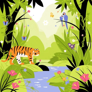 A dense Malaysian rainforest scene featuring thick green foliage and towering trees with broad leaves. Vines and colorful flowers weave throughout the underbrush. An assortment of wildlife is present, including a bright orange and black tiger prowling quietly, a pair of blue parrots perched on a branch overhead, and a small group of monkeys swinging between the trees. Small butterflies in vivid colors flutter around the scene, and a clear stream of water runs through the vegetation, reflecting the surrounding greenery.