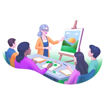 A group of students is gathered around a large table, attentively listening to a professor pointing at an illustration displayed on an easel. The professor, a middle-aged woman with glasses, is gesturing with one hand while holding a red marker in the other. The students, diverse in ethnicity and gender, are focused on the professor's feedback. The illustration on the easel features a vibrant landscape with rolling hills and a colorful sunset. Various art supplies, including brushes, paints, and sketchbooks, are scattered across the table.