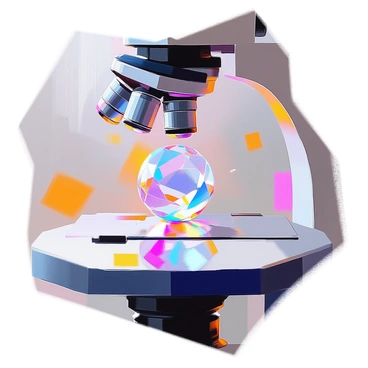 A crystal-like representation of an antibody situated in the center of a microscope's visual field. The antibody exhibits intricate, geometric shapes with sharp angles and facets that reflect light in various colors, creating a shimmering effect. Surrounding the antibody, the microscope's stage is visible, with glints of metallic surfaces. The background features a blurred view of the microscope's components, enhancing the focus on the antibody itself.