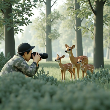 A photographer, wearing a camouflage jacket and a black hat, is crouched low in the dense green bushes. The photographer is aiming a high-end camera with a long lens at a small family of deer. The family consists of a graceful doe with soft brown fur and two spotted fawns standing close by. The deer are positioned in a clearing surrounded by tall trees, with dappled sunlight filtering through the leaves onto the forest floor. The photographer's focused expression is visible, capturing the serene moment in nature.