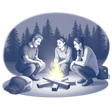 A small group of three homeless individuals is gathered around a campfire. The flames flicker in the darkness, casting light on their faces. One person, a man with a rugged appearance, leans forward, animatedly sharing a story. Another individual, a woman with long hair tied back, smiles and listens intently, her hands resting on her knees. The third person, a younger man, looks contemplative and gazes into the fire, occasionally glancing at the storyteller. The scene is set in a wooded area, with trees silhouetted against the night sky. Nearby, there are simple belongings like backpacks and blankets scattered on the ground. The atmosphere captures a moment of camaraderie and connection amidst their circumstances.