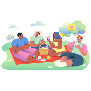 A group of four friends is sitting on a bright red picnic blanket spread out on lush green grass in a park. They are laughing and sharing food from a wicker picnic basket filled with assorted snacks, including sandwiches, fruits, and drinks. One friend has short curly hair and is wearing a blue t-shirt, while another has long straight hair and is in a yellow sundress. The third friend is wearing sunglasses and a floppy hat, enjoying a drink, and the fourth is tossing a frisbee nearby. In the background, there are trees with vibrant leaves and a clear blue sky. A cheerful picnic scene with a sense of joy and friendship is captured.