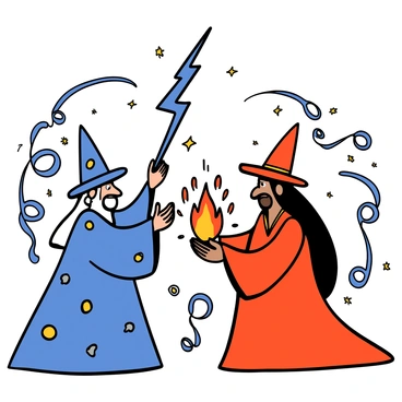 Two wizards are facing each other in a dynamic pose, surrounded by swirling magical energy. The first wizard has long white hair and wears a deep blue robe adorned with silver stars. He is raising his hands, summoning a bright blue lightning bolt while a determined expression is on his face. The second wizard has long black hair and is dressed in a flowing red robe with gold embellishments. He is conjuring a vibrant fireball in his palms, showing intense focus. The background is filled with arcs of energy and sparks flying from their spells, emphasizing the epic confrontation.