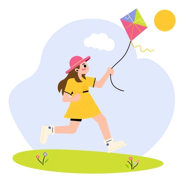 A cartoon girl with long brown hair, wearing a bright yellow dress and a wide-brimmed pink hat, is joyfully flying a colorful kite. The kite features a vibrant design with red, blue, and green patterns, fluttering high in the clear blue sky. The girl holds the kite string tightly as she runs across a lush, green open field dotted with small wildflowers. A gentle breeze causes her hair and dress to sway, while fluffy white clouds drift lazily in the background. The sun shines brightly, casting a warm glow over the cheerful scene.