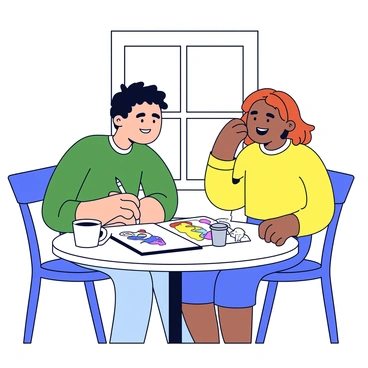 Two artists are sitting at a small round table in a café. One artist has short black hair and is wearing a green shirt, while the other artist has long brown hair and is wearing a yellow sweater. They are leaning over a sketchbook that lies open on the table, filled with colorful illustrations. Each artist has a pencil in hand, and they are animatedly discussing their ideas. Around them, there are a few cups of coffee on the table, and a bright window in the background lets in natural light.