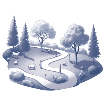 A nature preserve featuring winding walking trails that meander through a variety of lush vegetation. The landscape includes tall trees with broad canopies and an array of shrubs and plants along the pathways. Various wildlife can be seen throughout the area: a deer grazing near a small clearing, a group of birds perched on branches, and a rabbit in the underbrush. The trails are marked with wooden posts, guiding visitors through the serene setting, while patches of sunlight filter through the leaves, creating dappled shadows on the ground.